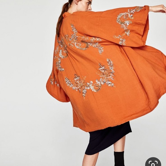 Zara Jackets & Coats Zara Burnt Orange Sequined Kimono Jacket